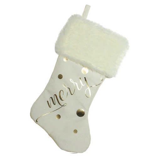 Northlight 19" Ivory White Gold Foil "Merry" Christmas Stocking With White Faux Fur Cuff 3 Northlight 19" Ivory White Gold Foil "Merry" Christmas Stocking With White Faux Fur Cuff