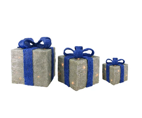 Northlight Lighted Gift Boxes Outdoor Christmas Decorations - 10" - Silver And Blue - Set Of 3 3 Northlight Lighted Gift Boxes Outdoor Christmas Decorations - 10" - Silver And Blue - Set Of 3